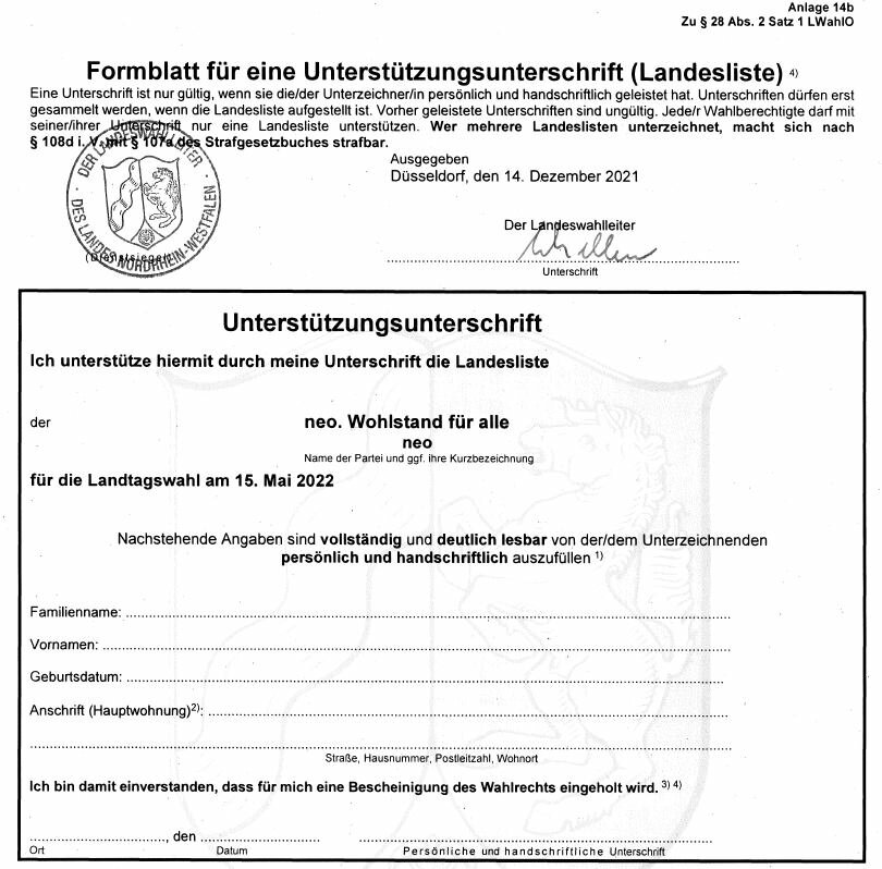 Unterstützungsunterschriften Landtagswahl NRW 2022 Anlage 14b Was bedeutet die Unterschrift